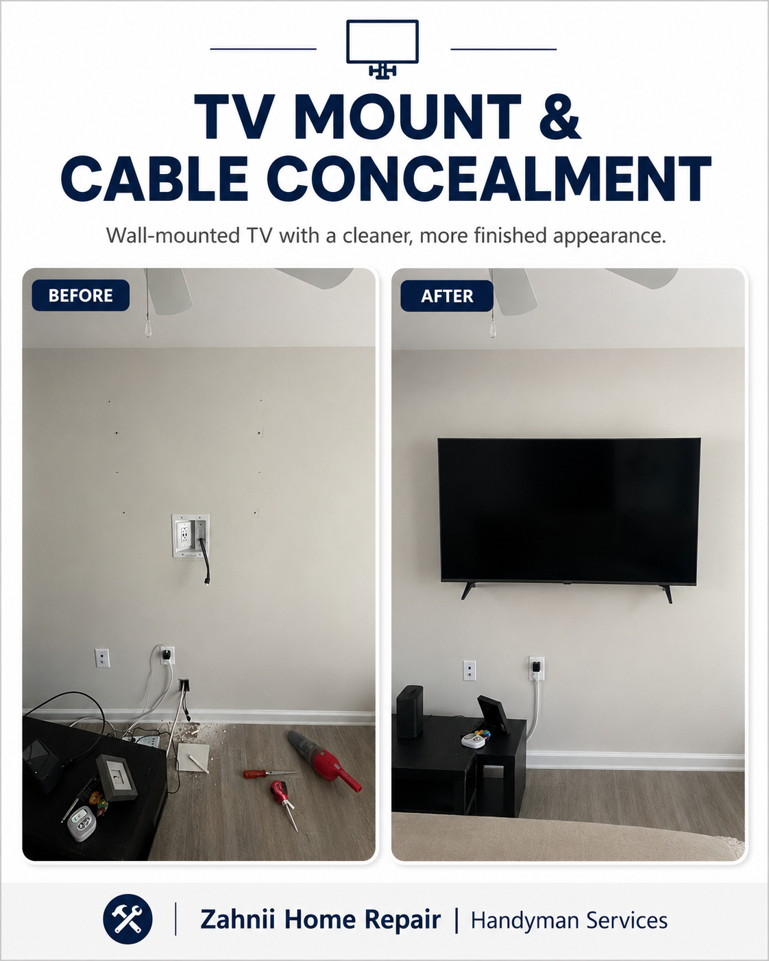 TV mount and cable concealment project by Zahnii Home Repair